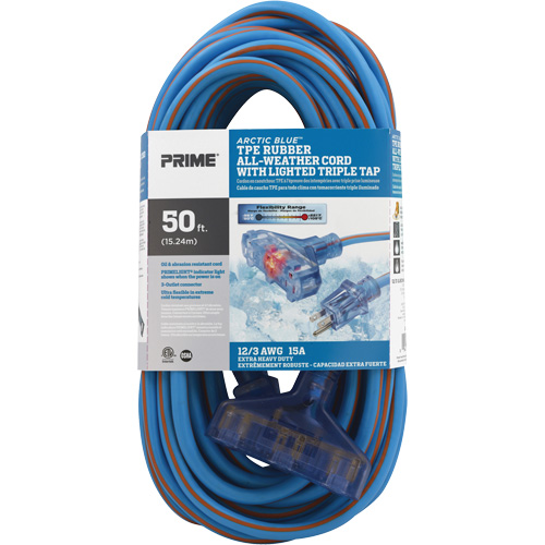 Cordons rallonges en caoutchouc TPE Arctic Blue, Toutes saisons, SJEOW, AWG 12/3, 15 A, 3 prise(s), 50' Les Fournitures Industrielles Méga