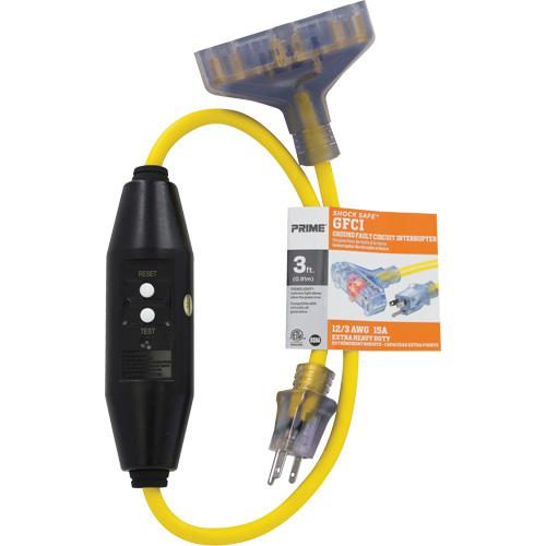 Adaptateurs pour disjoncteurs de fuite &agrave; la terre &agrave; trois prises Shocksafe, 125 V, 15 A, Cordon de 3' Les Fournitures Industrielles Méga