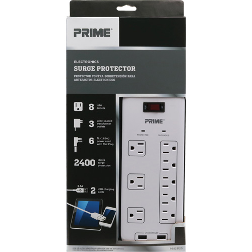 Limiteurs de surtension avec chargeur USB, 8 Prises, 2400 J, 1875 W, Cordon 6' Les Fournitures Industrielles Méga