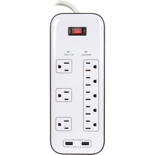 Limiteurs de surtension avec chargeur USB, 8 Prises, 2400 J, 1875 W, Cordon 6' Les Fournitures Industrielles Méga