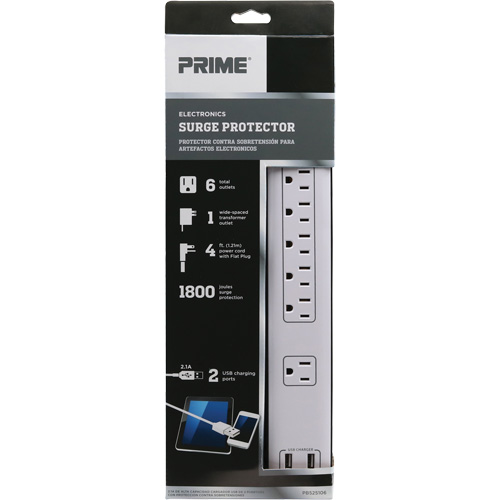 Limiteurs de surtension avec chargeur USB, 6 Prises, 1800 J, 1875 W, Cordon 4' Les Fournitures Industrielles Méga