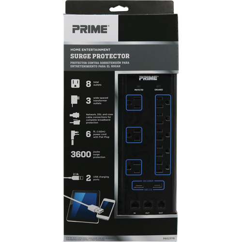 Limiteurs de surtension avec chargeur USB, 8 Prises, 3600 J, 1875 W, Cordon 6' Les Fournitures Industrielles Méga