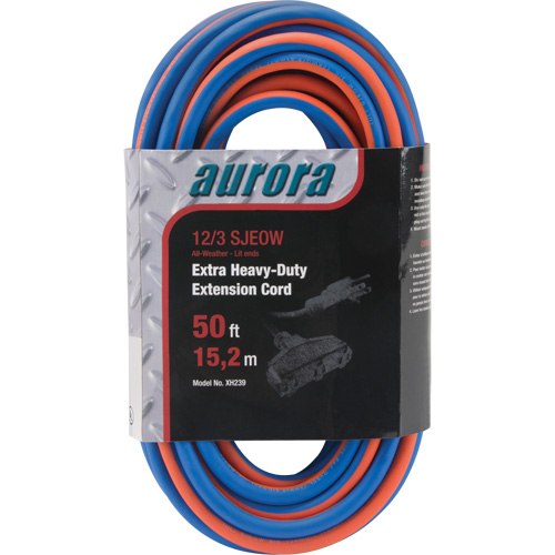 TPE-Rubber Extension Cord with Light Indicator, All-Weather, SJEOW, 12/3 AWG, 15 A, 3 Outlet(s), 50' Les Fournitures Industrielles Méga
