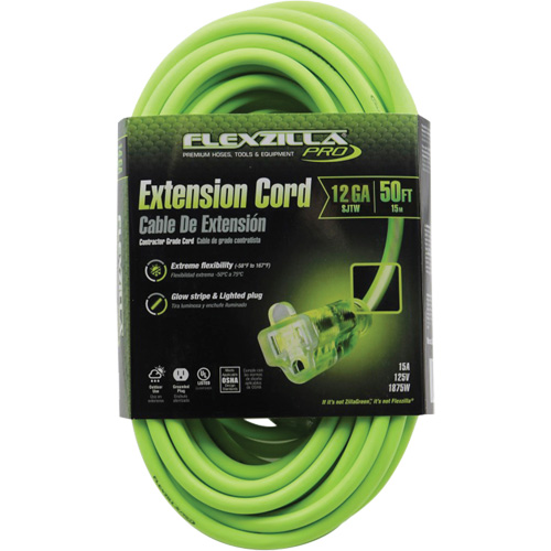 Flexzilla&reg; Pro Industrial Extension Cord, All-Weather, SJTW, 12/3 AWG, 15 A, 50' Les Fournitures Industrielles Méga