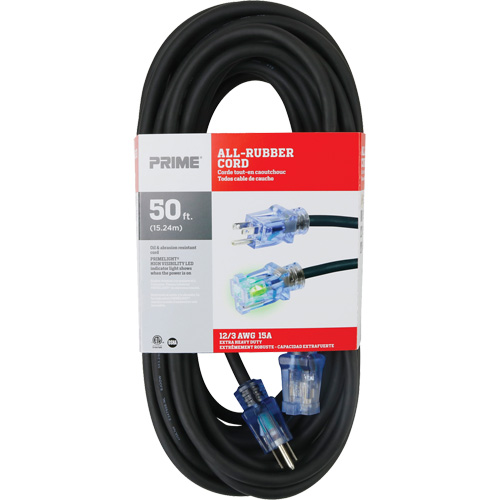 All-Rubber Extension Cord, Outdoor, SJOOW, 12/3 AWG, 15 A, 50' Les Fournitures Industrielles Méga