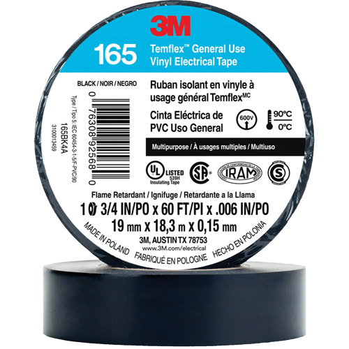 Ruban isolant en vinyle &agrave; usage g&eacute;n&eacute;ral Temflex 165, 19 mm (3/4") x 18 m (60'), Noir, 6 mils Les Fournitures Industrielles Méga