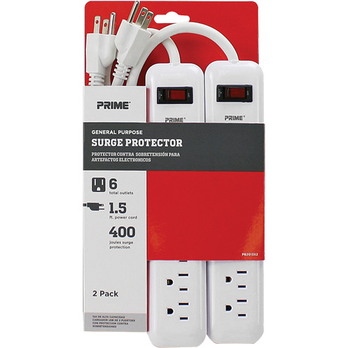 Barre multiprise limiteur de surtension, paquet de 2, 6 Prises, 400 J, 1875 W, Cordon 1,5' Les Fournitures Industrielles Méga