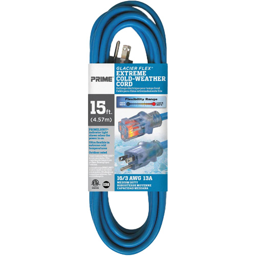 Cordon rallonge pour le froid extr&ecirc;me Glacier Flex, Ext&eacute;rieur, SJTW, AWG 16/3, 13 A, 15' Les Fournitures Industrielles Méga