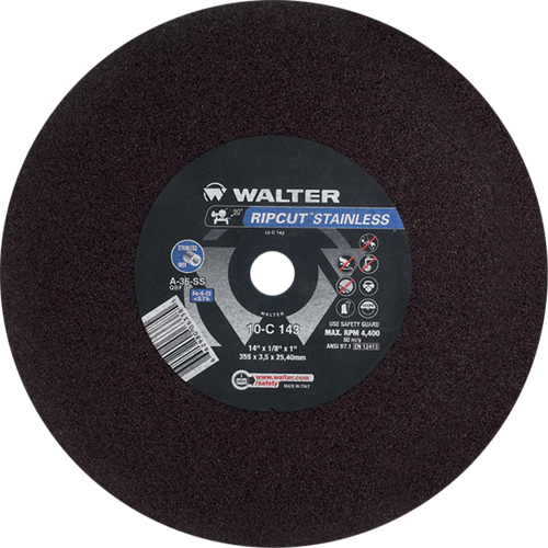 Meule &agrave; tronçonner Ripcut II pour la coupe de l'acier inoxydable sur scies fixes, 14" x 1/8", Arbre de 1", Type 1, Oxyde d'aluminium, 4400 Tr/min Les Fournitures Industrielles Méga