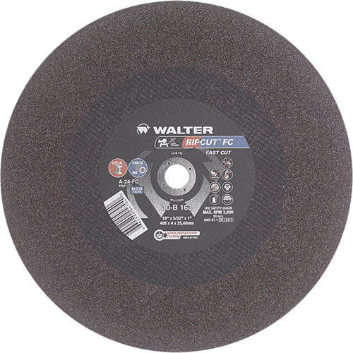 Meule &agrave; tronçonner Ripcut II pour la coupe de l'acier inoxydable et l'acier sur scies fixes, 16" x 5/32", Arbre de 1", Type 1, Oxyde d'aluminium, 3800 Tr/min Les Fournitures Industrielles Méga