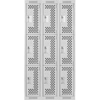 Clean Line Lockers, 3 -tier, Bank of 3, 36" x 12" x 72", Steel, Grey, Rivet (Assembled), Perforated Les Fournitures Industrielles Méga
