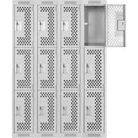 Clean Line Lockers, 3 -tier, Bank of 4, 48" x 12" x 72", Steel, Grey, Rivet (Assembled), Perforated Les Fournitures Industrielles Méga