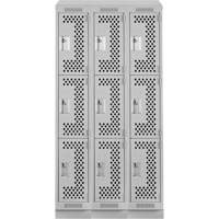 Clean Line Lockers, 3 -tier, Bank of 3, 36" x 15" x 82", Steel, Grey, Rivet (Assembled), Perforated Les Fournitures Industrielles Méga
