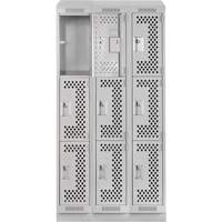 Clean Line Lockers, 3 -tier, Bank of 3, 36" x 15" x 82", Steel, Grey, Rivet (Assembled), Perforated Les Fournitures Industrielles Méga