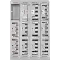 Clean Line Lockers, 3 -tier, Bank of 4, 48" x 15" x 82", Steel, Grey, Rivet (Assembled), Perforated Les Fournitures Industrielles Méga