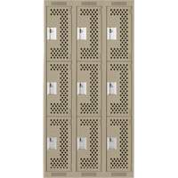 Clean Line Lockers, 3 -tier, Bank of 3, 36" x 12" x 72", Steel, Beige, Rivet (Assembled), Perforated Les Fournitures Industrielles Méga