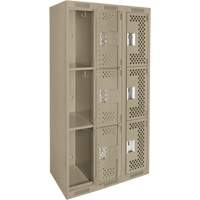 Clean Line Lockers, 3 -tier, Bank of 3, 36" x 12" x 72", Steel, Beige, Rivet (Assembled), Perforated Les Fournitures Industrielles Méga