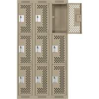 Clean Line Lockers, 3 -tier, Bank of 3, 36" x 12" x 72", Steel, Beige, Rivet (Assembled), Perforated Les Fournitures Industrielles Méga