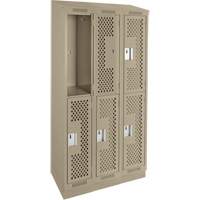 Clean Line Lockers, 2 -tier, Bank of 3, 36" x 12" x 82", Steel, Beige, Rivet (Assembled), Perforated Les Fournitures Industrielles Méga