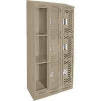 Clean Line Lockers, 3 -tier, Bank of 3, 36" x 15" x 82", Steel, Beige, Rivet (Assembled), Perforated Les Fournitures Industrielles Méga