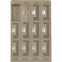 Clean Line Lockers, 3 -tier, Bank of 4, 48" x 15" x 82", Steel, Beige, Rivet (Assembled), Perforated Les Fournitures Industrielles Méga