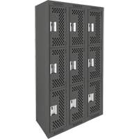 Clean Line Lockers, 3 -tier, Bank of 3, 36" x 12" x 72", Steel, Charcoal, Rivet (Assembled), Perforated Les Fournitures Industrielles Méga