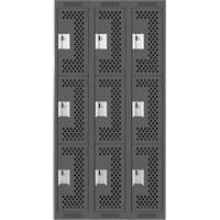 Clean Line Lockers, 3 -tier, Bank of 3, 36" x 12" x 72", Steel, Charcoal, Rivet (Assembled), Perforated Les Fournitures Industrielles Méga