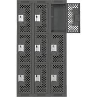 Clean Line Lockers, 3 -tier, Bank of 3, 36" x 12" x 72", Steel, Charcoal, Rivet (Assembled), Perforated Les Fournitures Industrielles Méga