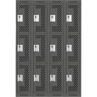 Clean Line Lockers, 3 -tier, Bank of 4, 48" x 12" x 72", Steel, Charcoal, Rivet (Assembled), Perforated Les Fournitures Industrielles Méga