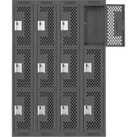 Clean Line Lockers, 3 -tier, Bank of 4, 48" x 12" x 72", Steel, Charcoal, Rivet (Assembled), Perforated Les Fournitures Industrielles Méga