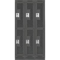 Clean Line Lockers, 2 -tier, Bank of 3, 36" x 15" x 76", Steel, Charcoal, Rivet (Assembled), Perforated Les Fournitures Industrielles Méga