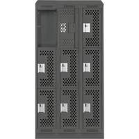 Clean Line Lockers, 3 -tier, Bank of 3, 36" x 15" x 82", Steel, Charcoal, Rivet (Assembled), Perforated Les Fournitures Industrielles Méga