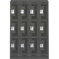Clean Line Lockers, 3 -tier, Bank of 4, 48" x 15" x 82", Steel, Charcoal, Rivet (Assembled), Perforated Les Fournitures Industrielles Méga