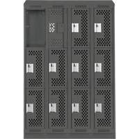 Clean Line Lockers, 3 -tier, Bank of 4, 48" x 15" x 82", Steel, Charcoal, Rivet (Assembled), Perforated Les Fournitures Industrielles Méga