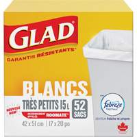 Tr&egrave;s petits sacs &agrave; ordures 15 L avec Febreze, R&eacute;gulier, 17" la x 20" lo, Blanc Les Fournitures Industrielles Méga