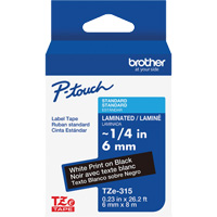 TZe-315 Laminated Tape for TZe-Compatible P-Touch Label Makers, White on Black, 0.23" Width Les Fournitures Industrielles Méga