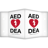 Enseigne &agrave; projection sur 90°  AED/ DEA , 9" x 6", Plastique, Bilingue avec pictogramme Les Fournitures Industrielles Méga