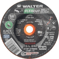 Meule FLEXCUT MILL SCALE, 4-1/2", 36 Grain, Oxyde d'aluminium, 5/8"-11, 13 300 Tr/min, Type 29 Les Fournitures Industrielles Méga