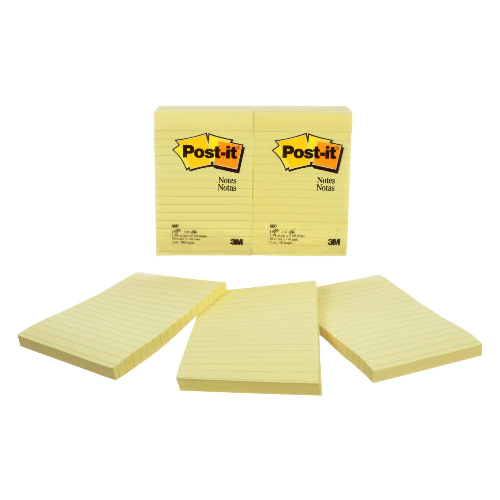 Feuillets Post-it®, jaune canari, ligné, 10,2 cm x 15,2 cm (4 po x 6 po), 100 feuillets/bloc