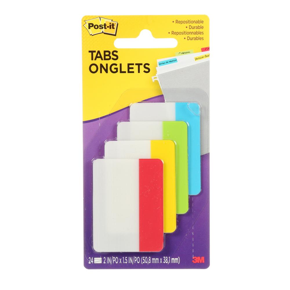 Onglets 686-ALYR-C Post-it®, couleurs primaires assorties, 50,8 mm x 38,1 mm (2 po x 1,5 po), 24/paq